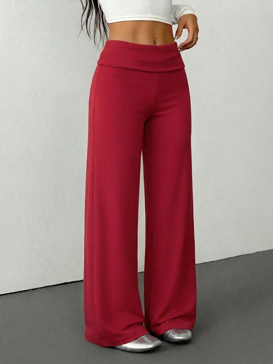SHEIN PETITE Quần thể thao nữ màu trơn, cạp gập, ống rộng, dáng suông, thoải mái, dễ phối đồ mặc nhà mùa thu đông, quần đỏ nữ, quần ống rộng màu đỏ, quần palazzo ống rộng. - Màu Đỏ Sâu - Xem 1