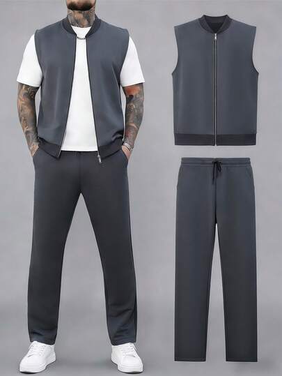Manfinity Homme Men's Casual Zipper Jacket, Simple Design, Versatile Men's Co Ord Set Men Summer Sweatsuit Gym Clothes Men Set Men's Tracksuit Set Western Men's Jogging Set Streetwear Daily Leisure, Weekend Trips, Travel Expeditions, Relaxed Work Environments , Boyfriend/Husband Gift, Anniversary /Birthday Gift Party Summer Vacation Holiday