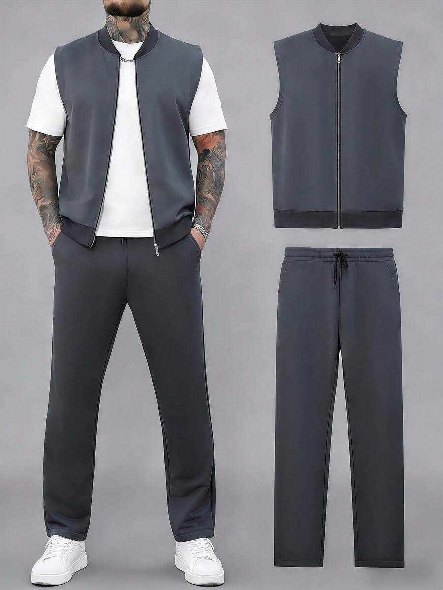 Manfinity Homme 男士休闲拉链夹克,简约设计,百搭男士套装,男士夏季运动服,男士健身服,男士运动套装,西部男士慢跑套装,街头服饰,日常休闲,周末旅行,远足,轻松的工作环境,男友/老公礼物,周年纪念/生日礼物,派对,暑假假期 - 深灰色 - 查看 1