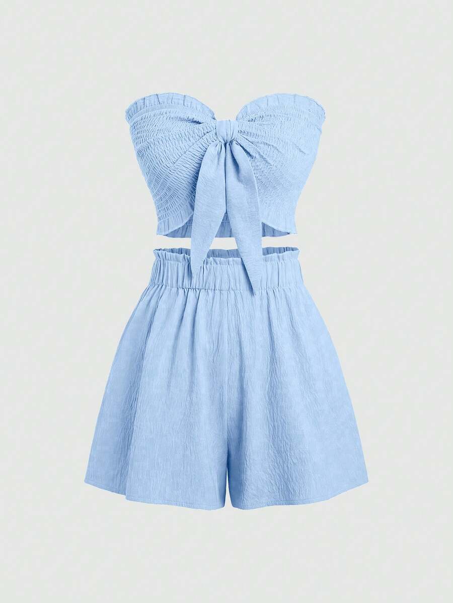 Sweetra Women's Solid Color Tube Top & Shorts 2 Pieces Set, Fitted, Summer - Blue - View 1