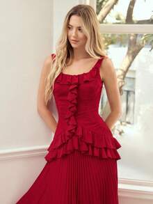 MOTF PREMIUM GAUN TANPA LENGAN UNTUK KENCAN ROMANTIS DENGAN HEM BERGELOMBANG UNTUK WANITA - Merah - View 8