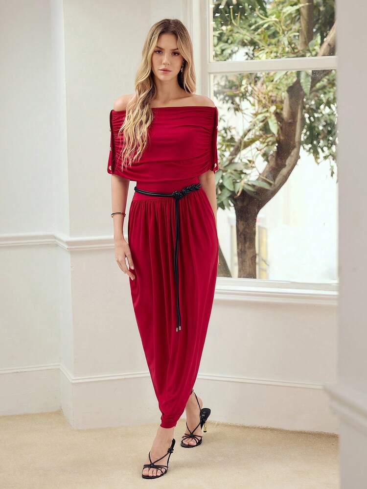 WOMEN'S OFF SHOULDER RUCHED SPLIT HEM LONG DRESS, SPRING/SUMMER