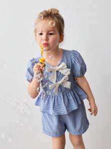 Maija Kids 2pcs/Set Girls Striped Contrast Color Bow Decor Puff Sleeve Top And Elastic Waist Shorts Set - Multicolor - View 1