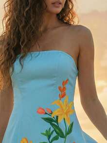 CAJUNI Women Tropical Toucan Floral Print Strapless Maxi Dress Light Blue Beach Long Dress - Blue - View 5