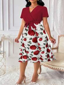 EMERY ROSE 大码女式休闲度假红色碎花蝴蝶结腰带连衣裙 - 紅色 - 查看 6