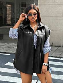 Maweii 女士PU皮革假口袋单排扣休闲宽松背心外套 - 黑色 - 查看 4