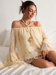 Freevana Bohemian Apricot Lace Open Shoulder Blouse, Sheer Floral Puff Sleeve Layered Ruffle Trim Loose Vacation & Commute Versatile Elegant Blouse For Women - Apricot - View 7