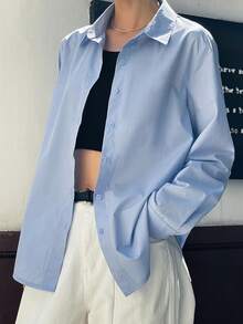 DAZY Áo sơ mi dài tay dáng rộng, thoải mái, đa năng dành cho nữ. - Màu xanh lam - Xem 6