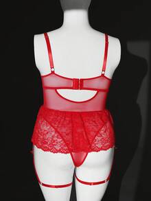 SHEIN Mono romántico con encaje y malla con dobladillo de falda y liguero, sexy y clásico para el Día de San Valentín, talla grande - Rojo - Ver 8