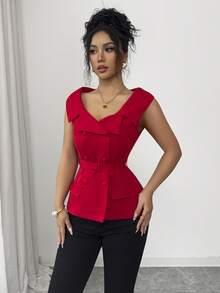 Elenzga 女士优雅休闲通勤度假下午茶情人节派对纯色红色V领大翻领开襟双排扣口袋暗扣腰带修身短款衬衫，春夏款 - 紅色 - 查看 4