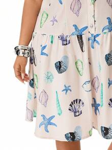 Solavibe Plus Size Women Open Front Ruffled Hem Artistic Seafood & Starfish Print Sleeveless Casual Vacation Dress, Spring/Summer - Multicolor - View 5
