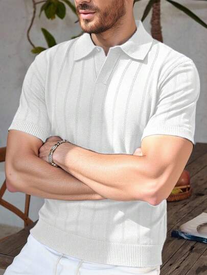RivetRise 男士休闲百搭通勤针织短袖上衣 白色休闲衬衫 男士Polo衫 男士高尔夫球衫 男士针织衫 白色男士Polo衫