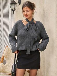 INAWLY Women's Solid Color Drop Shoulder Long Sleeve Casual Loose Knit Sweater, Autumn/Winter - Grey - View 3