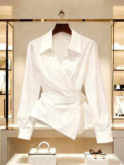 Franclia Classic Commute & Daily Casual V-Neck Tie Waist Lantern Sleeve Blouse, Spring/Summer