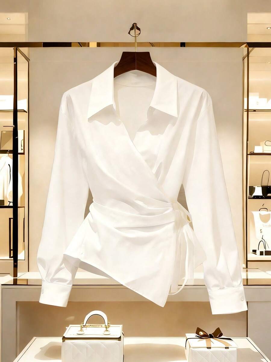 Franclia 经典通勤及日常休闲V领系腰灯笼袖衬衫，春夏款 - 白色 - 查看 1