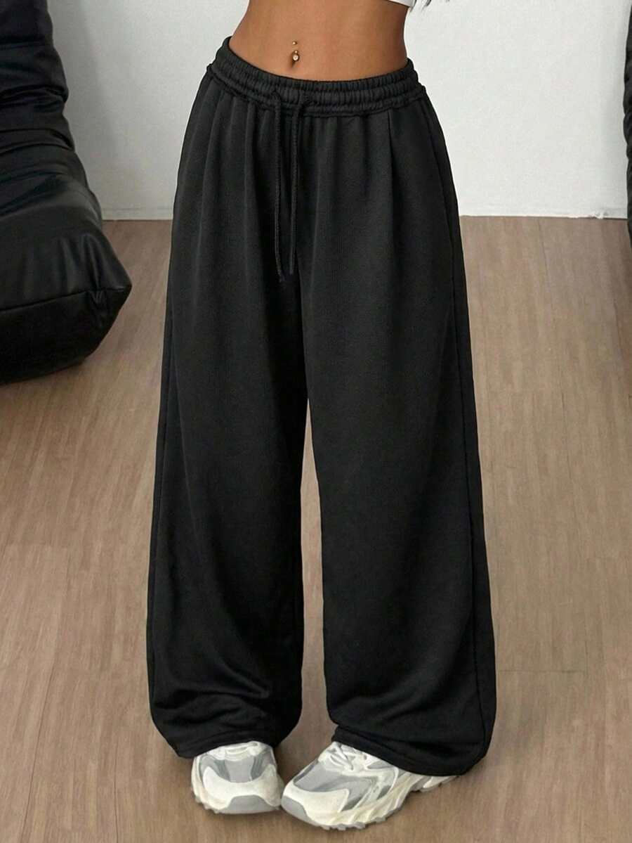 SHEIN 少女宽松休闲舒适中腰撞色抽绳运动裤,秋冬季 - 黑色 - 查看 1