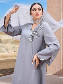 Al Najma New Embroidered V-Neck Loose Comfortable Casual Everyday Versatile Party & Holiday Dress - Blue - View 4