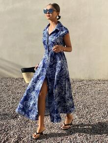 DAZY Women's Elegant Floral Print Sleeveless Denim Dress, Summer - Blue - View 6