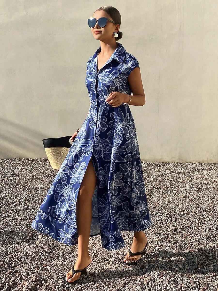 DAZY Women's Elegant Floral Print Sleeveless Denim Dress, Summer - Blue - View 1