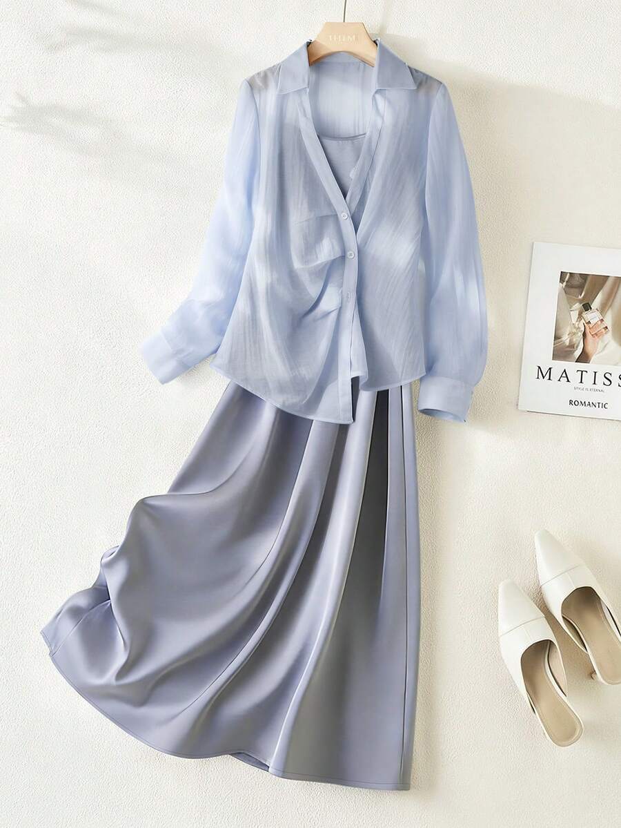 SHEIN Franclia Women's Casual Collared Pleated Shirt And Long Strap Dress Set, Spring/Summer - Blue - View 1