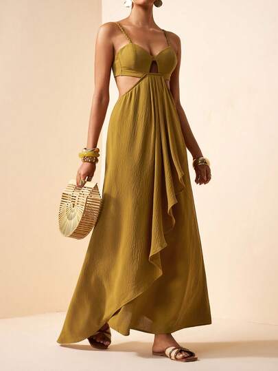 Zivah 2026 Vårfestival för ny musik, Påsk, Western, Nomadisk, Födelsedagsfest, Examenssäsong, Collegestil, Bohemisk, Pendling, Brunch, Flygplats, Festoutfit Axelrem i vävt rep, Draperad dekor, Midja ihålig slitsdekor, Justerbar rem, Bambutexturerat tyg, Semesterstil Maxiklänning med ihålig midja