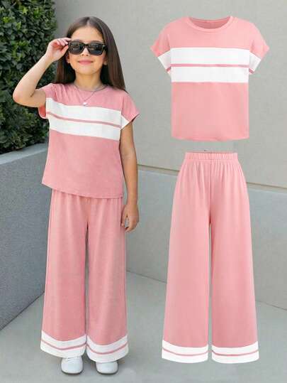 Tween Girls' Loose Casual Minimalist Comfortable Color Block Round Neck Short Sleeve T-Shirt Set