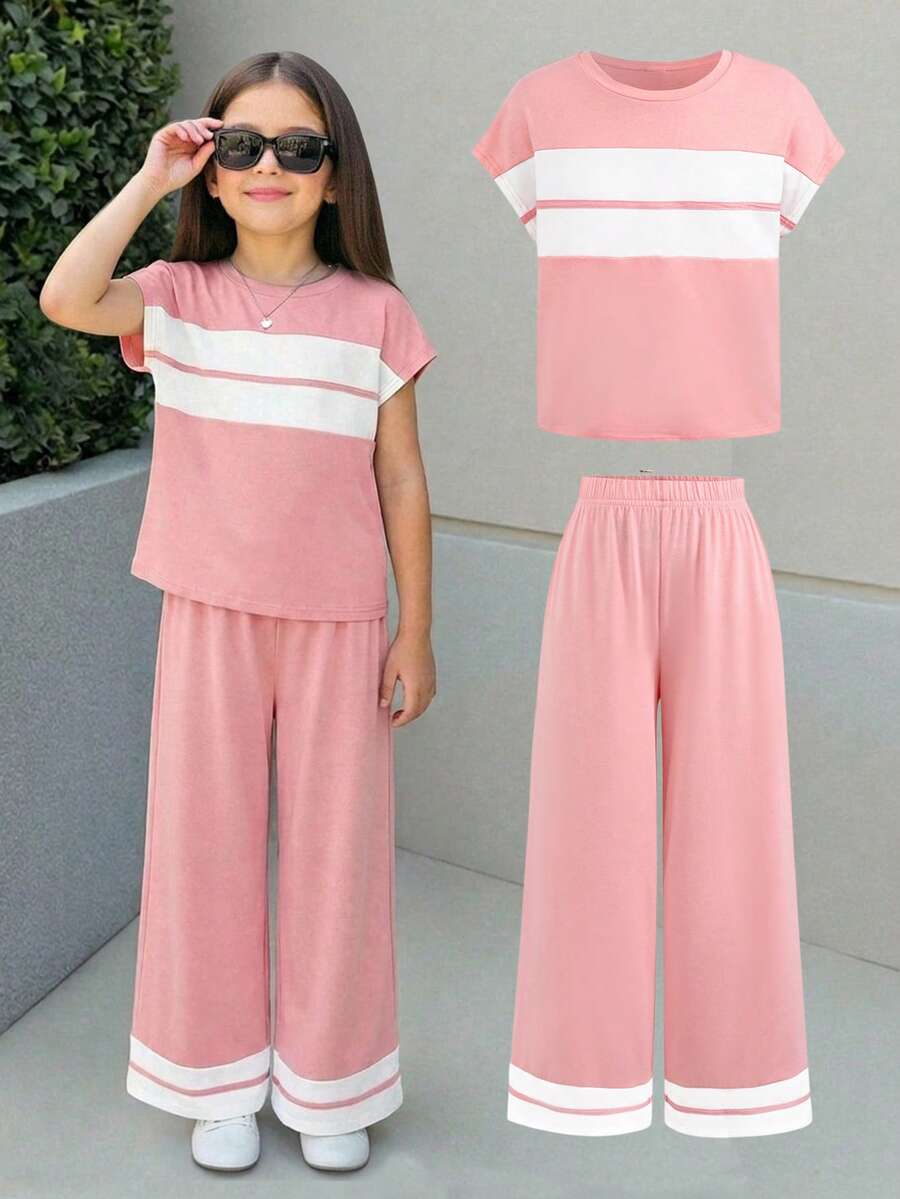 Tween Girls' Loose Casual Minimalist Comfortable Color Block Round Neck Short Sleeve T-Shirt Set - Royal Blue - View 1