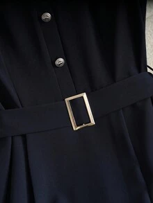 GlowEve 女士优雅通勤连衣裙，配金属扣腰带，圆领，休闲中长款连衣裙，适合春夏日常穿着 - 藏蓝色 - 查看 3