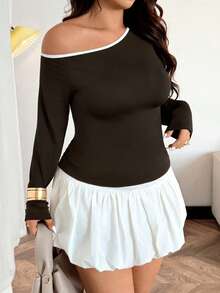 Easura Plus Size Women's Elegant Colorblock Oblique Shoulder Cinched Waist A-Line Patchwork Top, Early Spring - Brown - View 4