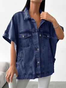 EURMUSE Loose Fit Casual Short Sleeved Denim Jacket - Medium Wash - View 5