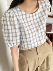 DAZY 格纹印花锁眼后背泡泡袖衬衫 夏季 - 彩色 - 查看 9