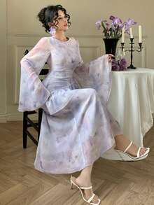 DAZY Women's Elegant Floral Butterfly Ruffle Flare Sleeve Mid-Length Dress, Spring/Summer Wedding Guest Dress Sundress - Pink - View 10