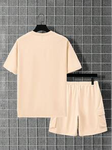 Manfinity Homme Men's Casual Patch Detail Drop Shoulder T-Shirt And Shorts Set, Summer - Apricot - View 5