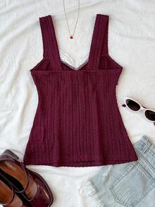 SHEIN Teen Girl Burgundy Jacquard Lace Trim Casual Fitted Camisole - Rose Red - View 2