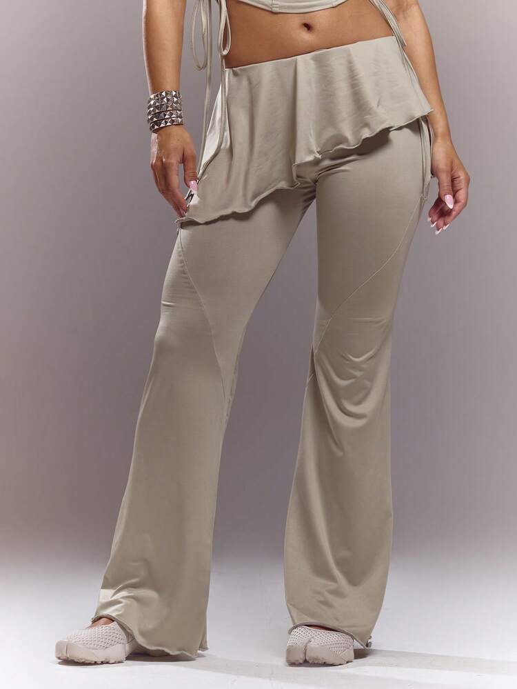 MUSERA Mid Rise Layered Skirt Overlay Flared Trousers Spring Summer Cute Sexy Streetwear Night Out Ballet Sleeze - Khaki - View 2