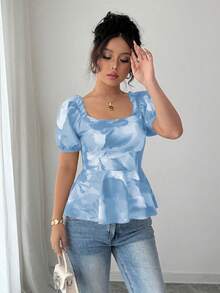 Elenzga Blouse ajustée à manches bouffantes avec volants et imprimé floral élégant pour femmes - Bleu ciel - Voir 4
