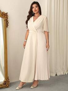 Firerie Vestido de fiesta elegante con cuello en V y cintura fruncida para mujer de talla grande - Albaricoque - Ver 5