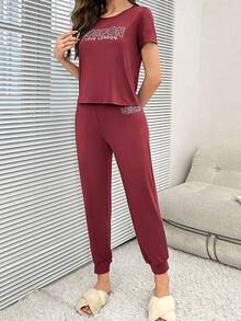Letter Graphic Tee & Drawstring Waist Trousers PJ Set - Burgundy - View 3