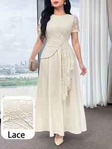 Modelyn Vestido elegante de mujer con parches de encaje de unicolor - Blanco - Ver 3