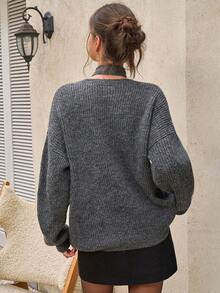 INAWLY Women's Solid Color Drop Shoulder Long Sleeve Casual Loose Knit Sweater, Autumn/Winter - Grey - View 2