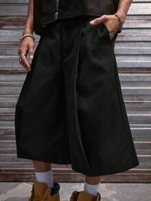 AXEPEAK 男士纯色褶皱宽松休闲阔腿裤 - 黑色 - 查看 3