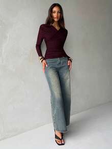 Aloruh Camiseta ajustada de malla con cuello cruzado y mangas transparentes de color burdeos elegante para mujer, Blusa de manga larga para mujer, Blusa de primavera para mujer, Blusa para salir, Blusa elegante para mujer, Blusa sexy para mujer, Blusa para fiesta de mujer - Burdeos - Ver 7