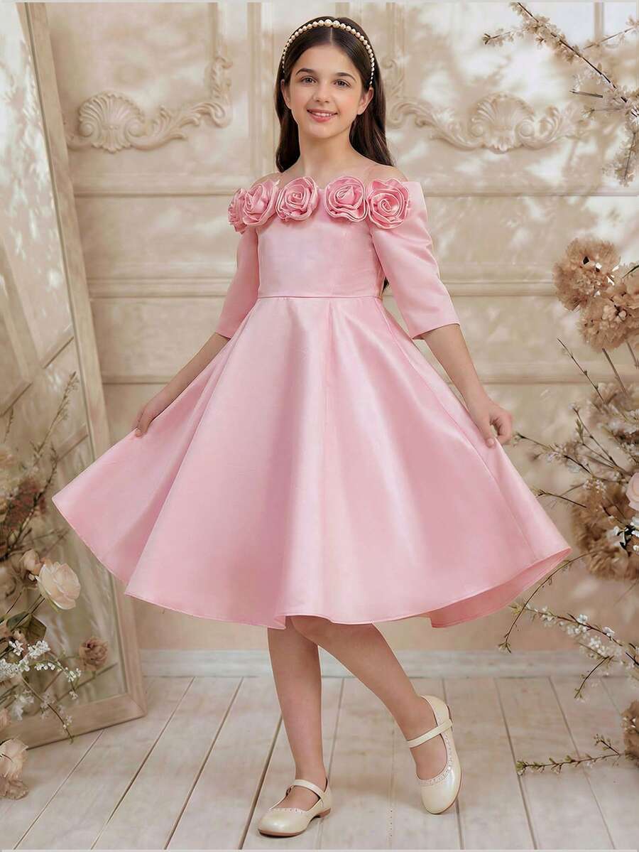Elladie kids 少女缎面花卉贴花露肩中长连衣裙，公主裙，适合婚礼、花童、生日派对、节日活动、表演等场合 - 粉色 - 查看 1