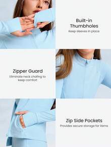 GLOWMODE FeatherFit™ Arctic Flow 柔软弹力罗纹侧边拼接，内置拇指孔，修身拉链夹克，适合低强度瑜伽、日常休闲穿着。 - 淺藍色 - 查看 4