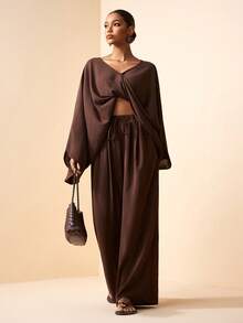 Zivah Vårsemester 2026, Medelhavssemester, Musikfestival, Påsk, Western, Nomadisk, Födelsedagsfest, Casual, Semester, Strand, Bröllop, Pendlingsoutfit, V-ringad, 3/4-ärmad, Lös, Lös skjorta och resårmidja med raka byxor - Brun - Visa 5