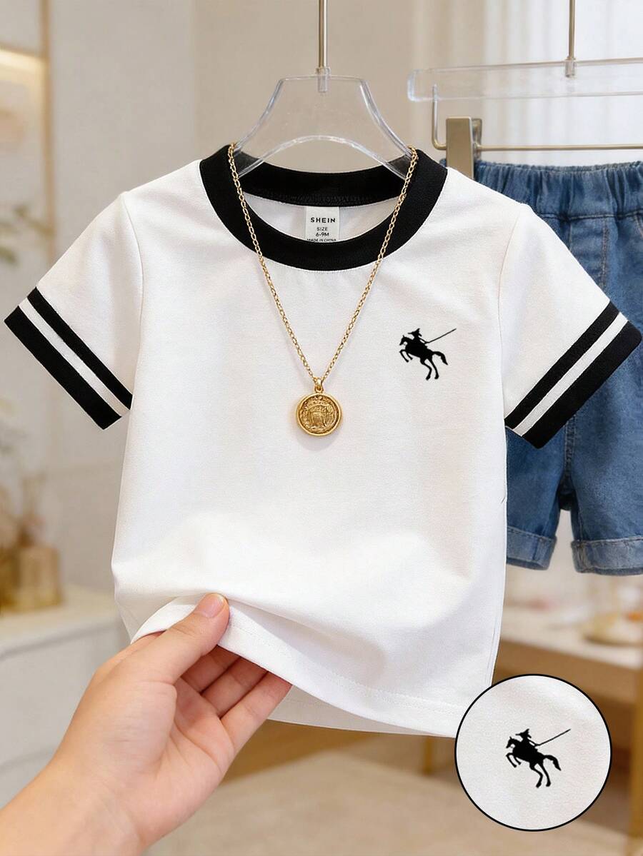 SHEIN 6M-3T Infant/Toddler Girls' Black & White Striped Contrast Color Short Sleeve Crew Neck T-Shirt With Horse Print, Infant/Toddler Clothing, Girls' Pullover, Girls' T-Shirt, Infant/Toddler Top, Suitable For Spring/Summer - White - View 1