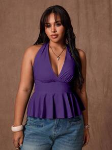 Rustia Áo tank top cổ yếm màu trơn dành cho nữ cỡ lớn, thích hợp mặc thường ngày và đi làm. - Màu tím  Violet - Xem 4