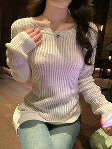 DAZY Áo thun nữ cổ tròn, màu trơn, buộc dây, kiểu Hàn Quốc, thích hợp cho mùa xuân/hè. - Màu be - Xem 5