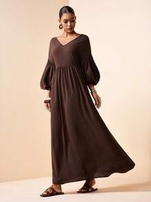 Zivah 2026 Spring/Summer New Music Festival, Easter, St. Patrick's Day, Valentine's Day, Date, Western, Nomadic, Birthday Party, Graduation, College, Student, Daily Wear, Basic Versatile, Casual, Vacation, Cruise Travel, Beach, Sunbathing, Viral , Streetwear, Wedding Guest Boho, Commute, Brunch, Airport, Party, Holiday Outing, Office Wear V-Neck 3/4 Sleeve Puff Sleeve Long A-Line Super Loose Linen Brown Maxi Dress - Brown - View 3