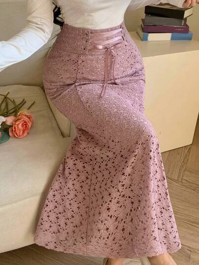 DAZY Women's Elegant Solid Color Lace Tie-Up Fishtail Skirt, Spring/Summer